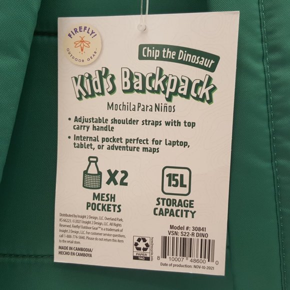 Firefly! Outdoor Gear Chip the Dinosaur Kid's Backpack Green - Picture 7 of 11
